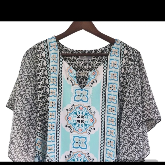 JM Collection Geometric Blue Black Tunic Top Rhinestones Women Size Large New - Picture 2 of 7